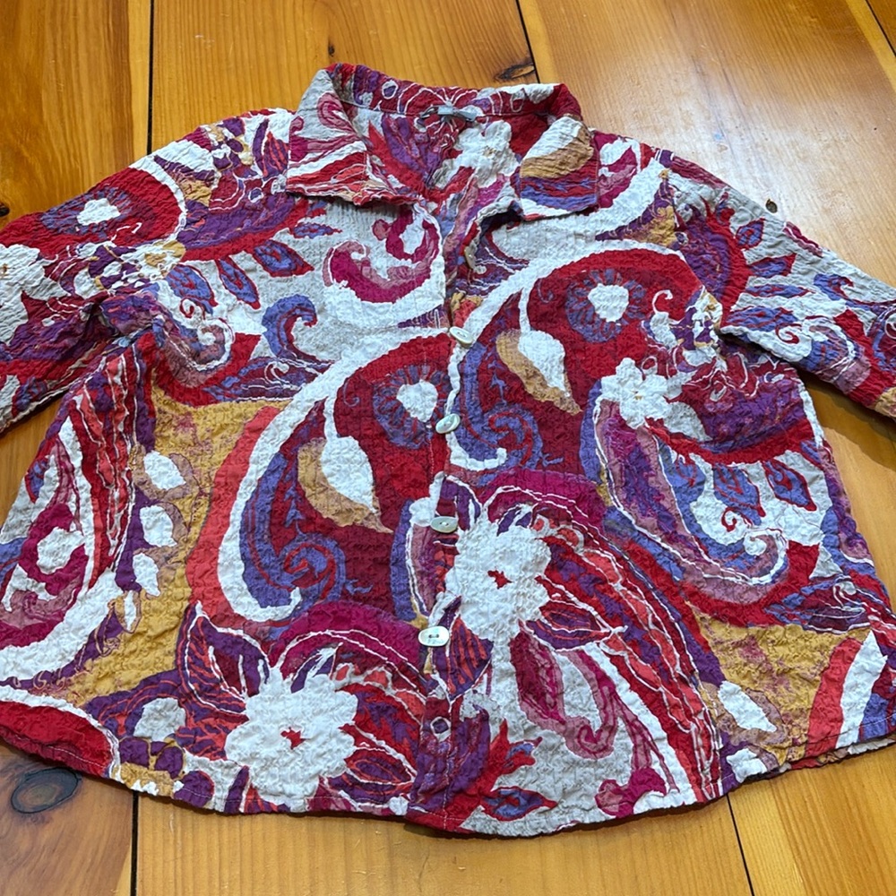 HABITAT M Colorful Crinkle Cotton Blouse 3/4 Sleeve Button Up Blouse